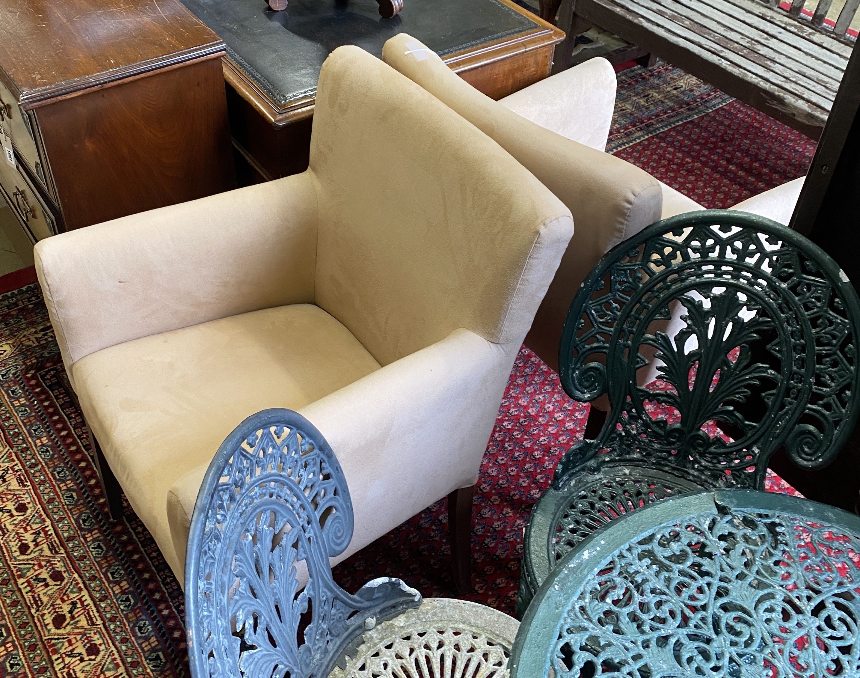 A pair of square framed armchairs with faux suede upholstery, width 60cm, depth 58cm, height 88cm